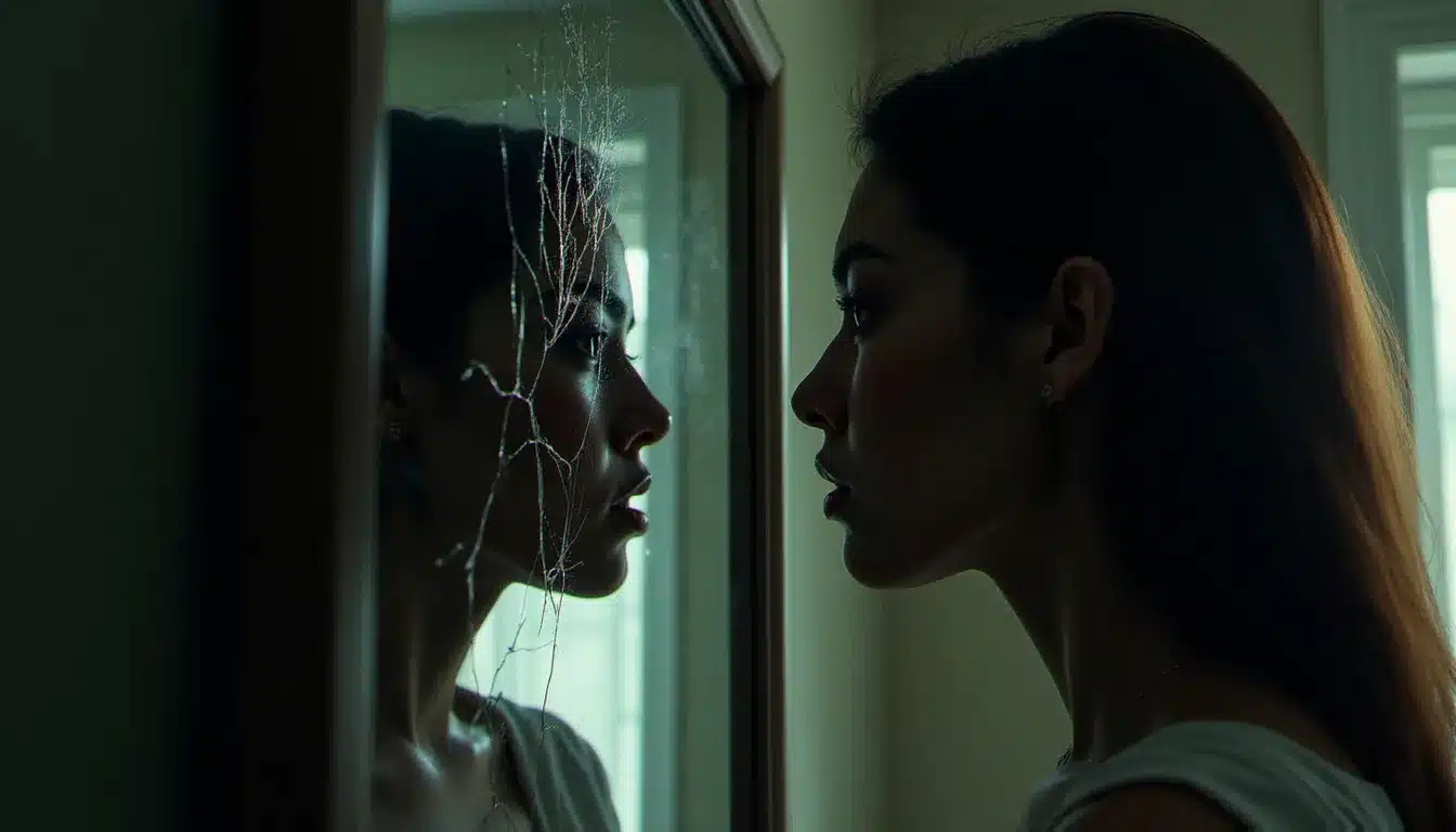 Deux miroirs se faisant face dans une pièce sombre, l'un fissuré, symbolisant les signes avant-coureurs d'une relation flamme jumelle dangereuse