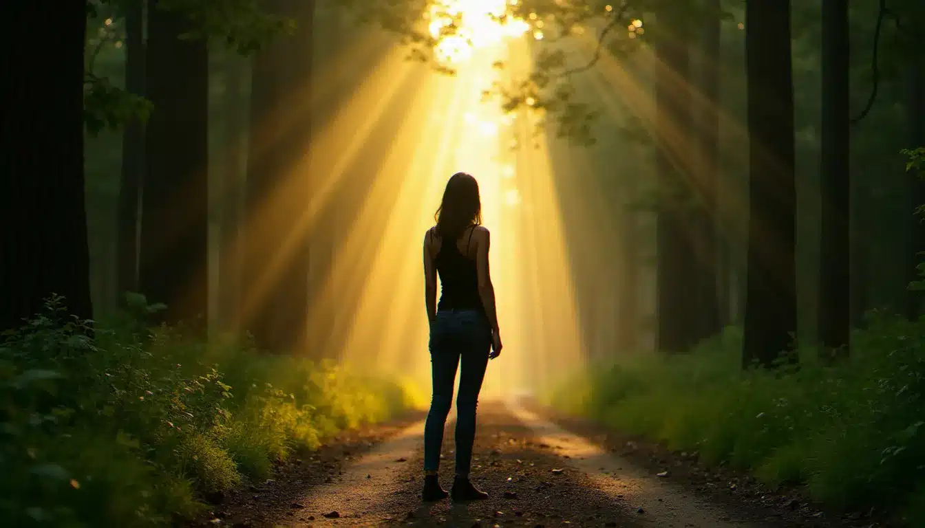 Femme à la croisée de deux chemins en forêt à l'aube, illustrant le choix difficile de distinguer une vraie flamme jumelle d'une relation toxique