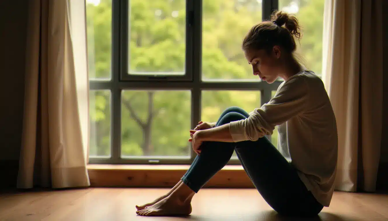 Femme seule près d'une fenêtre dans une posture méditative, illustrant la réflexion sur le danger d'une relation flamme jumelle