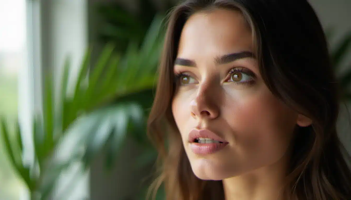 Portrait en gros plan d'une femme dont les yeux révèlent une émotion profonde de reconnaissance, symbolisant les marqueurs physiques du regard de la flamme jumelle