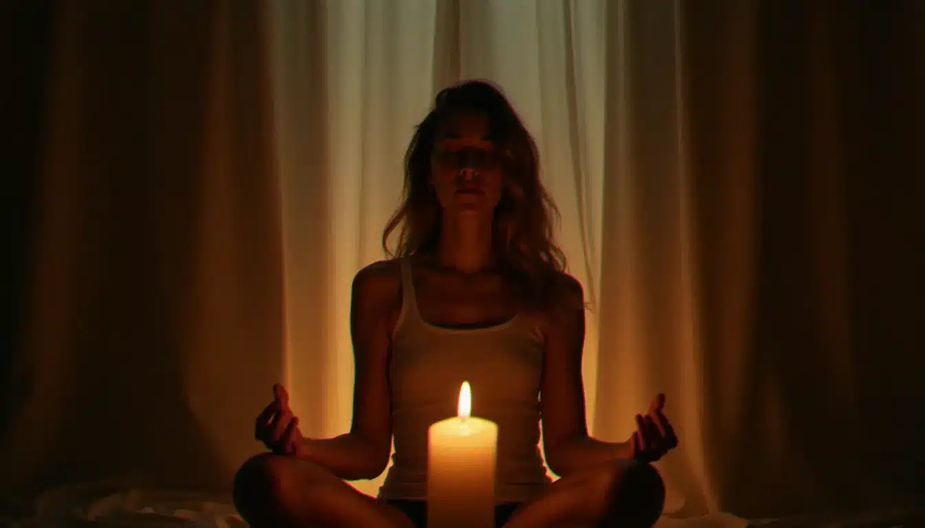 Femme en méditation devant une flamme de bougie lors d'une pratique de Trataka pour approfondir la connexion avec sa flamme jumelle en période de séparation