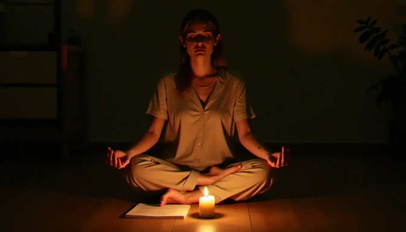 Femme en méditation avec une bougie allumée pratiquant un rituel de connexion spirituelle pour maintenir le lien avec sa flamme jumelle à distance