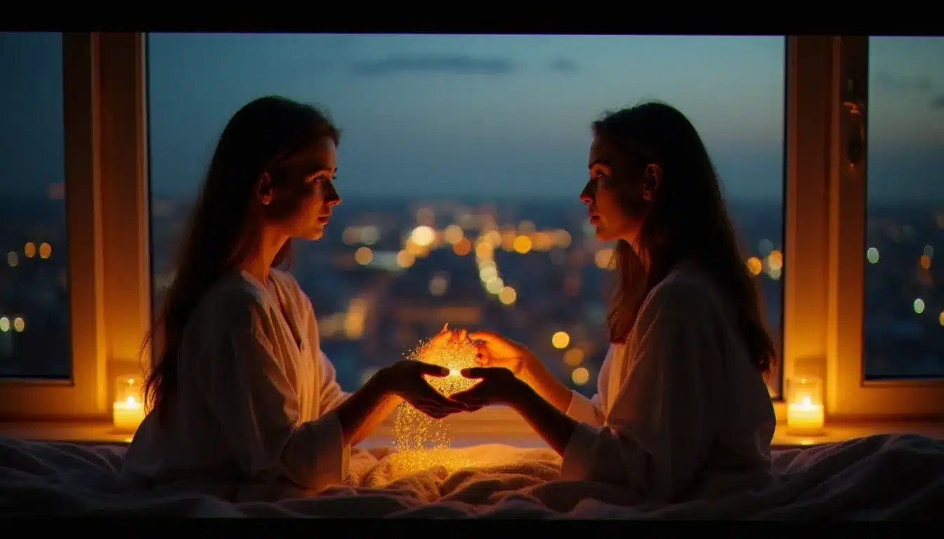 Femme seule près d'une fenêtre au crépuscule tenant un fil de lumière doré symbolisant la connexion flamme jumelle relation intime à distance