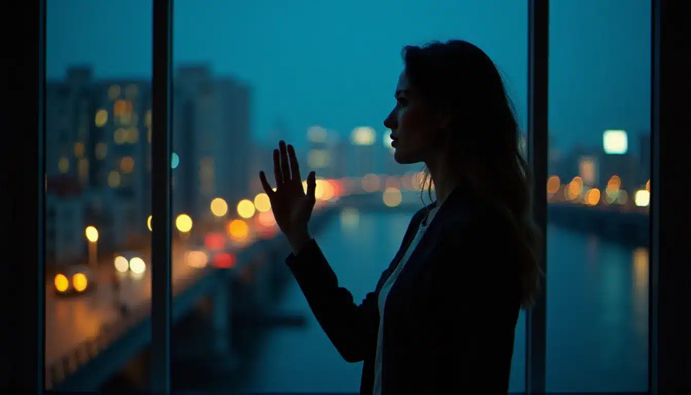 Femme seule face à une fenêtre la nuit, main posée sur la vitre, évoquant la phase de séparation et les sensations physiques d'absence ressenties pendant la séparation de la flamme jumelle
