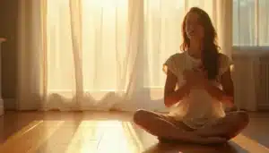 Femme en méditation les mains posées sur le cœur, illustrant la flamme jumelle sensation physique au niveau du sternum
