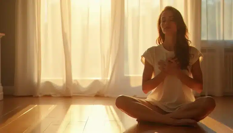 Femme en méditation les mains posées sur le cœur, illustrant la flamme jumelle sensation physique au niveau du sternum