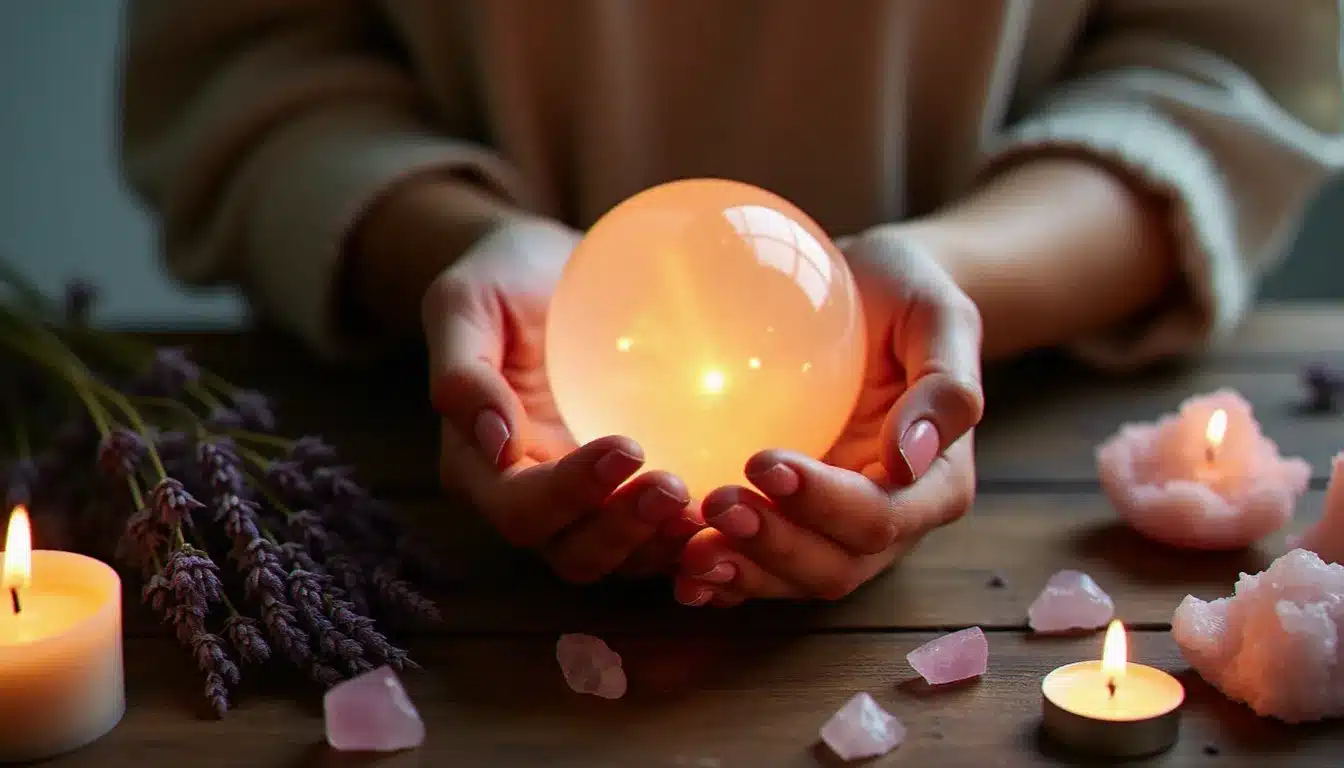 Mains de femme tenant une sphère de cristal lumineuse entourée de lavande et de quartz rose lors d'une pratique énergétique spirituelle