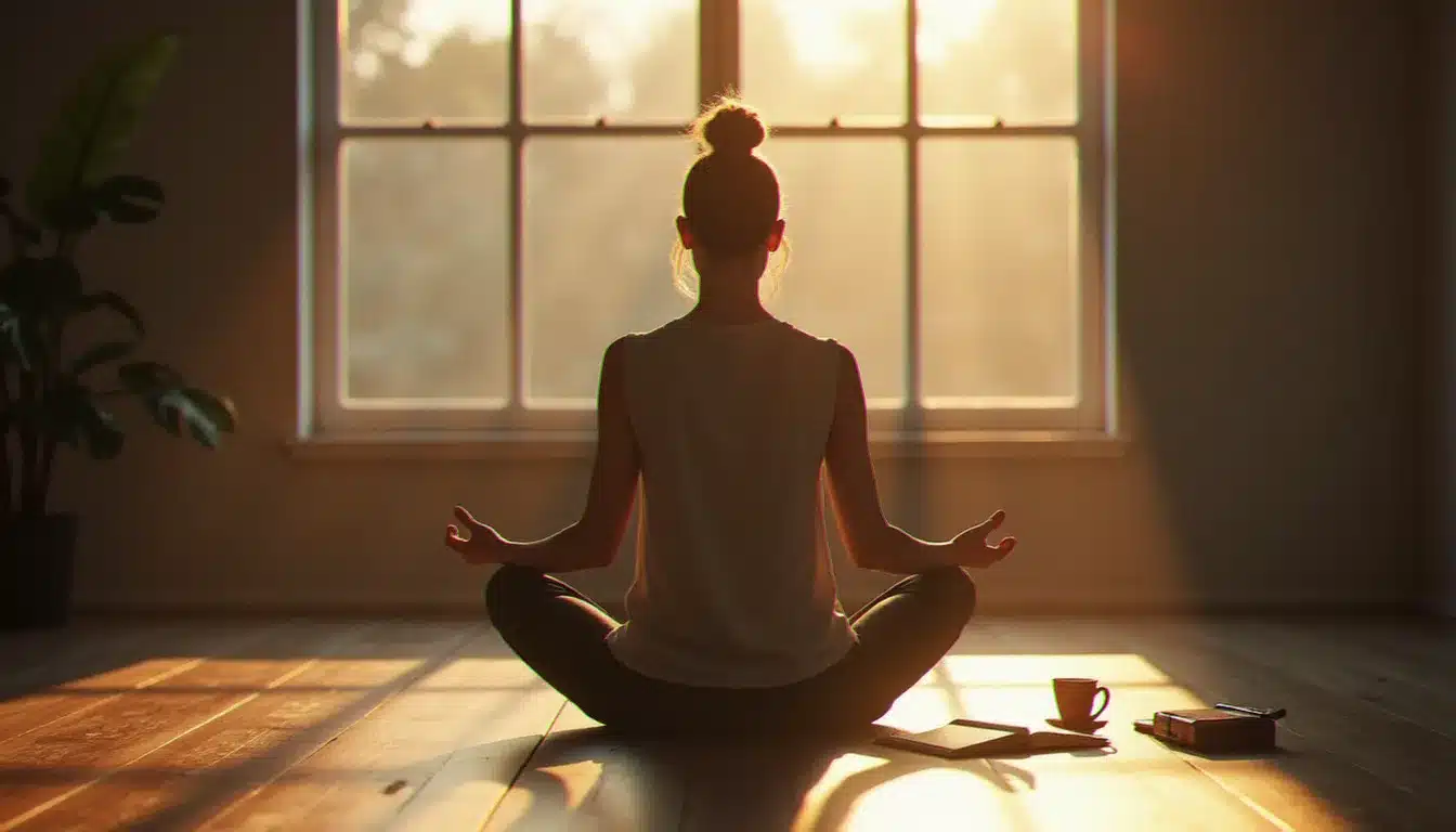Femme en méditation face à une fenêtre au lever du soleil avec un journal ouvert, illustrant le travail intérieur pendant la phase de séparation des flammes jumelles