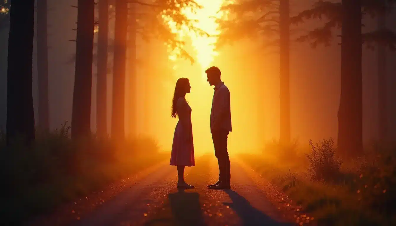 Deux silhouettes se retrouvant au coucher du soleil dans une forêt brumeuse, symbole des flammes jumelles signes retrouvailles et de la réunion des âmes