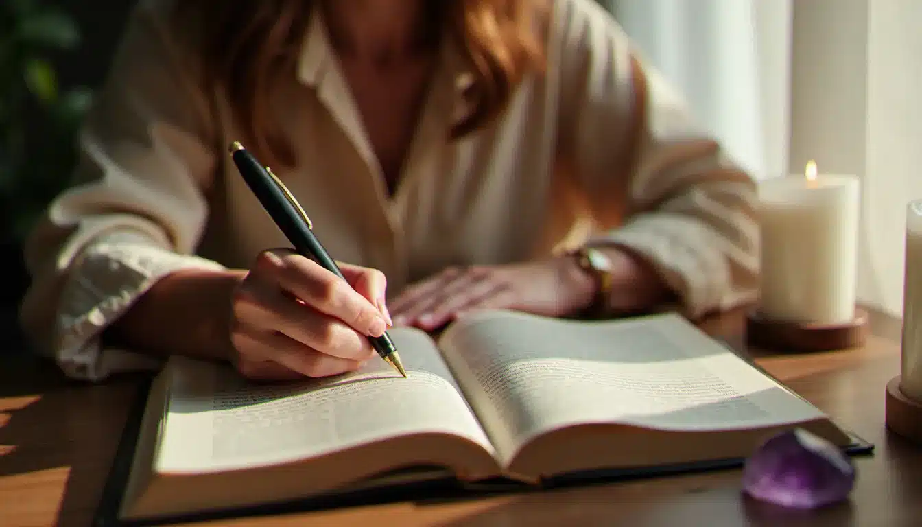 Mains d'une femme tenant un stylo sur un journal ouvert pour explorer les critères d'un test de flammes jumelles, bougie allumée et cristal d'améthyste sur le bureau