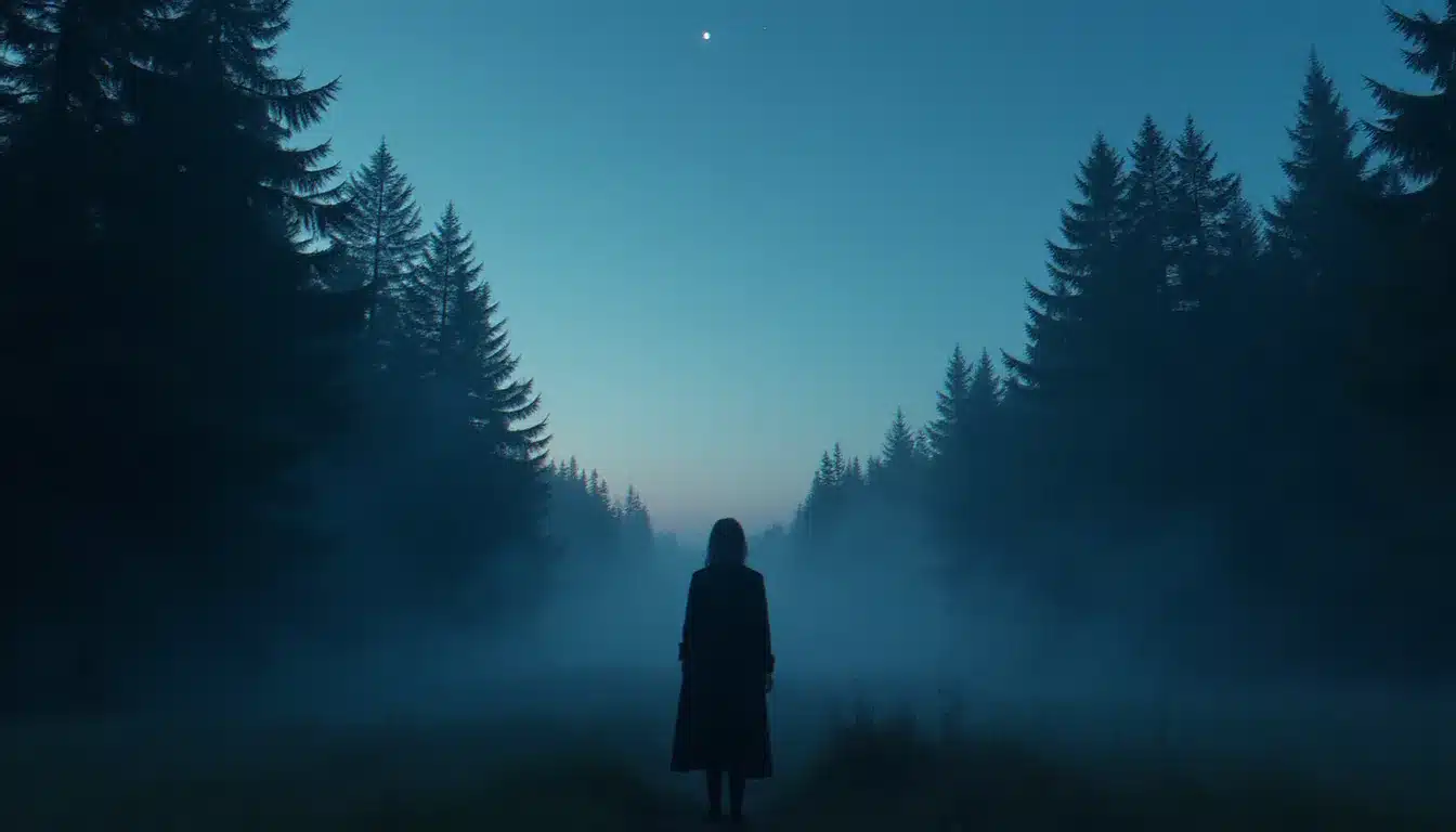Femme seule au crépuscule regardant les étoiles dans une forêt brumeuse, symbolisant le discernement intérieur nécessaire pour interpréter un test flammes jumelles