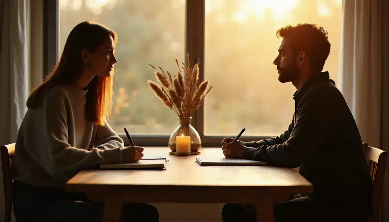 Deux personnes en face l'une de l'autre réfléchissant à une connexion de flammes jumelles test, lumière dorée du matin, ambiance introspective et bienveillante