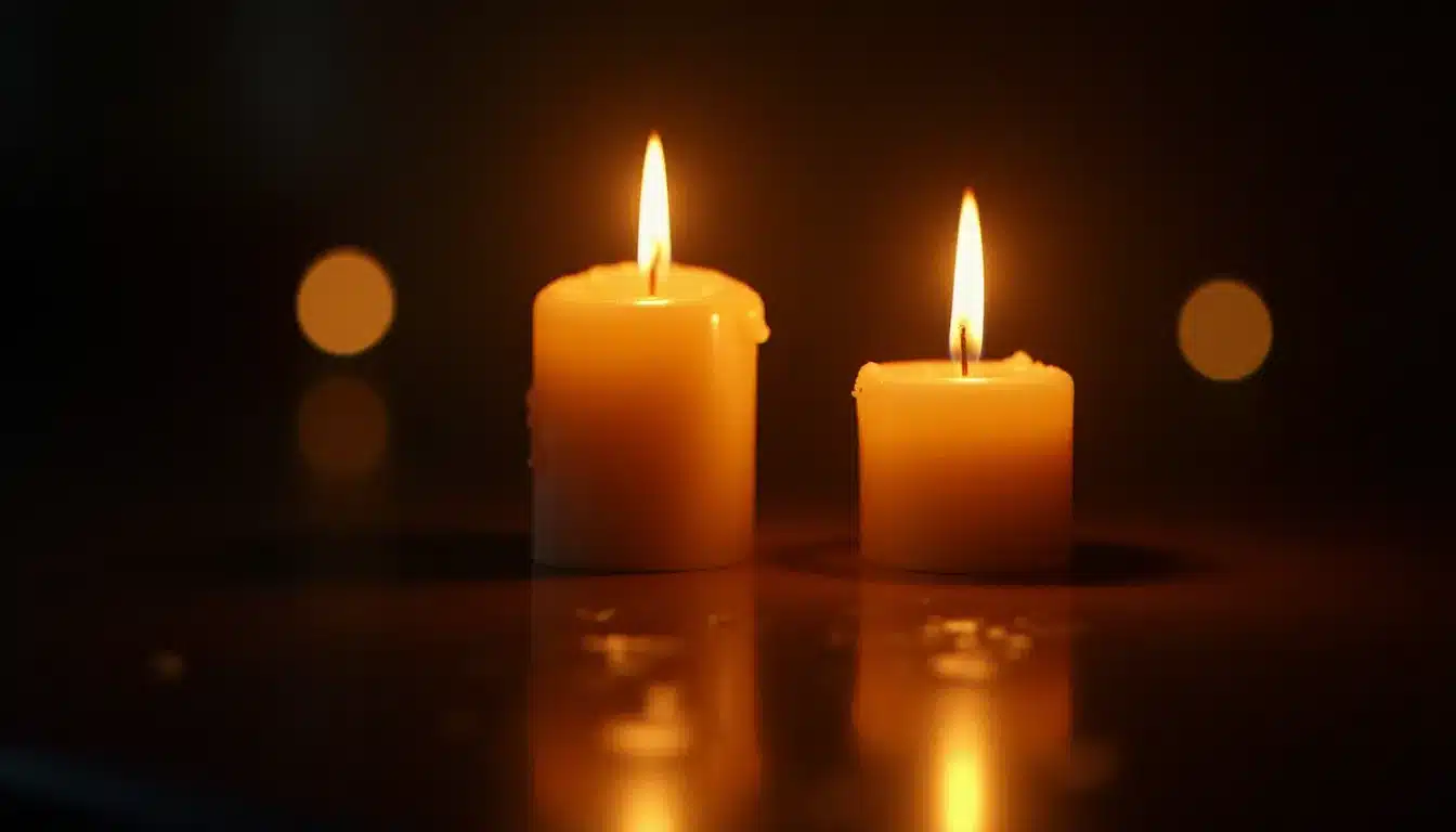 Deux flammes de bougies jumelles se reflétant l'une dans l'autre, symbole de la connexion flamme jumelle et de l'heure miroir 11h11