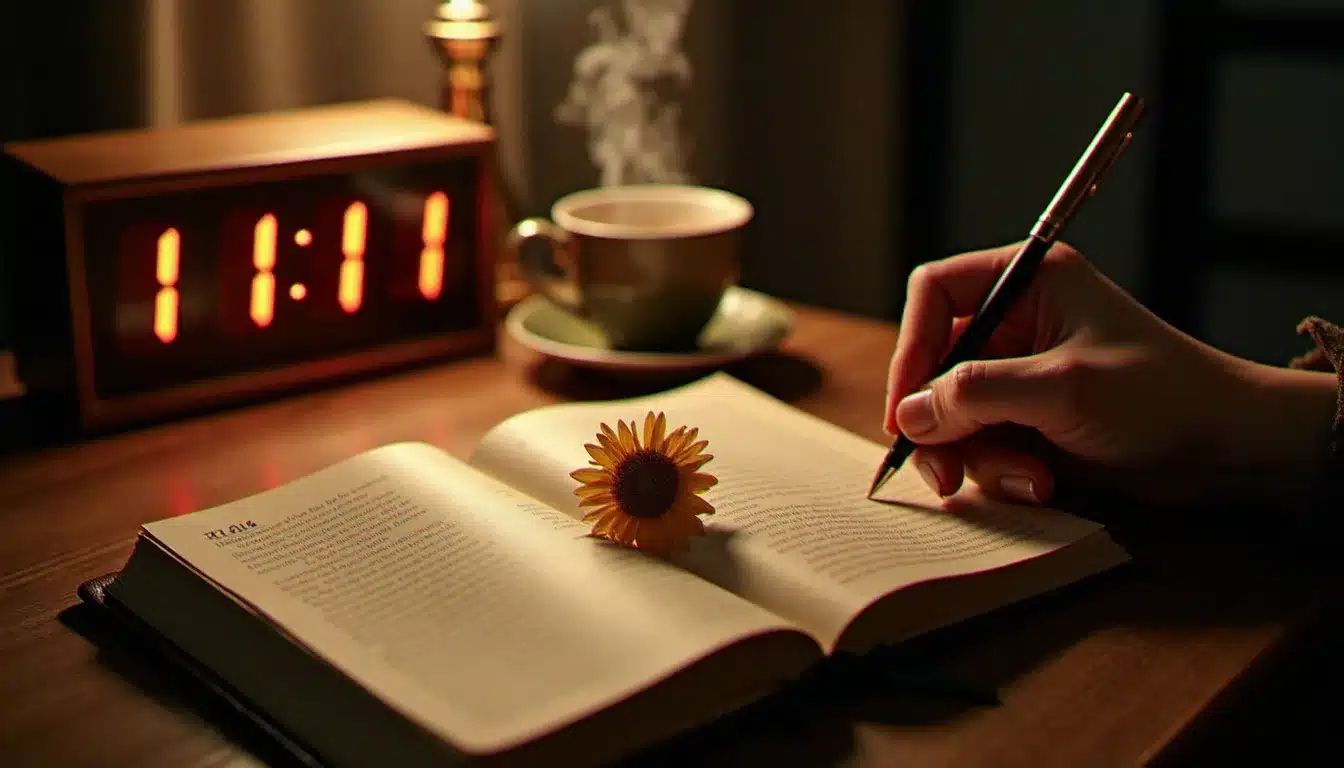 Femme écrivant dans son journal spirituel à 11h11, documentant ses synchronicités en lien avec sa flamme jumelle