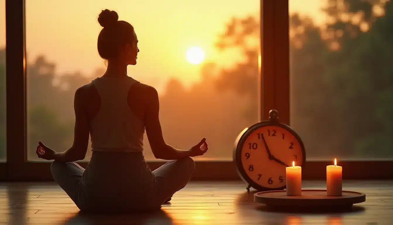 Femme en méditation contemplant l'heure miroir 11h11 et sa connexion flamme jumelle dans une lumière dorée apaisante