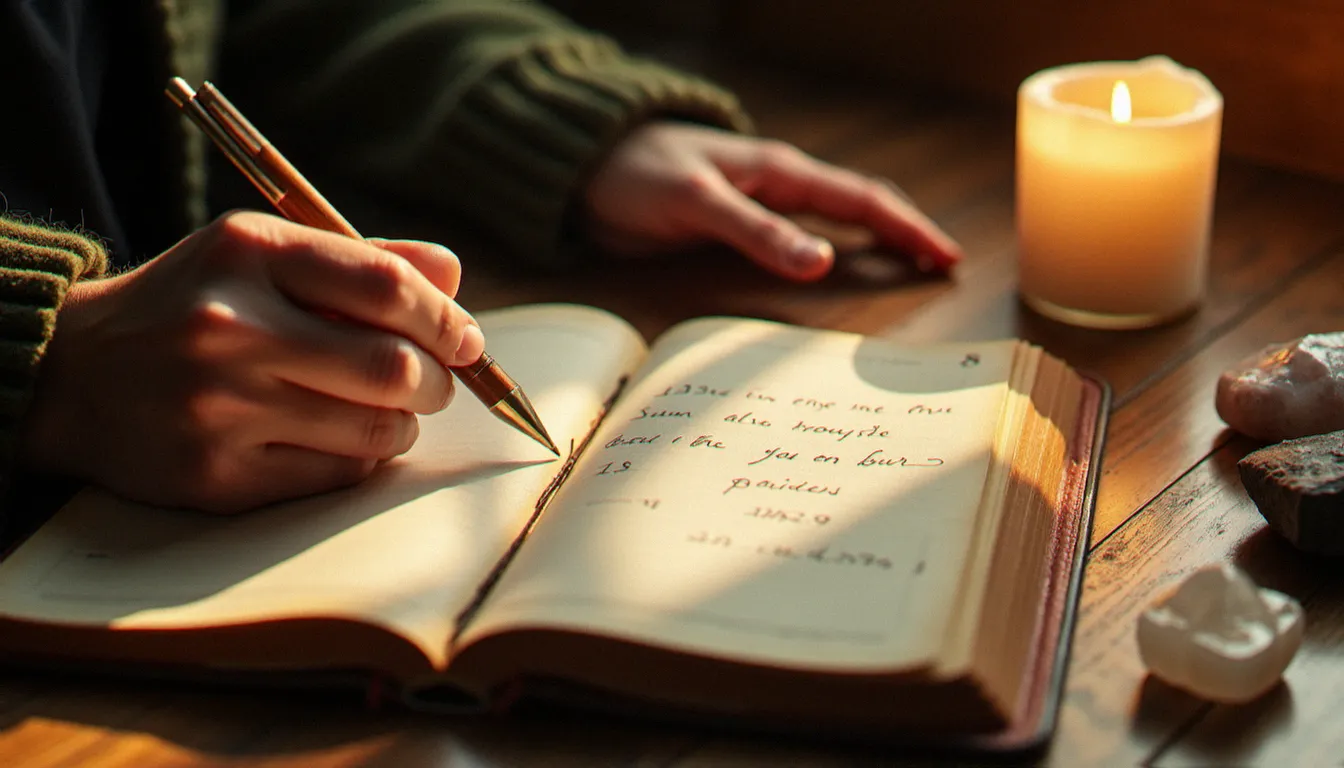 Main écrivant dans un journal spirituel avec le chiffre 8 et l'heure 13h31 notés, bougie allumée et cristaux sur un bureau en bois dans une lumière naturelle dorée