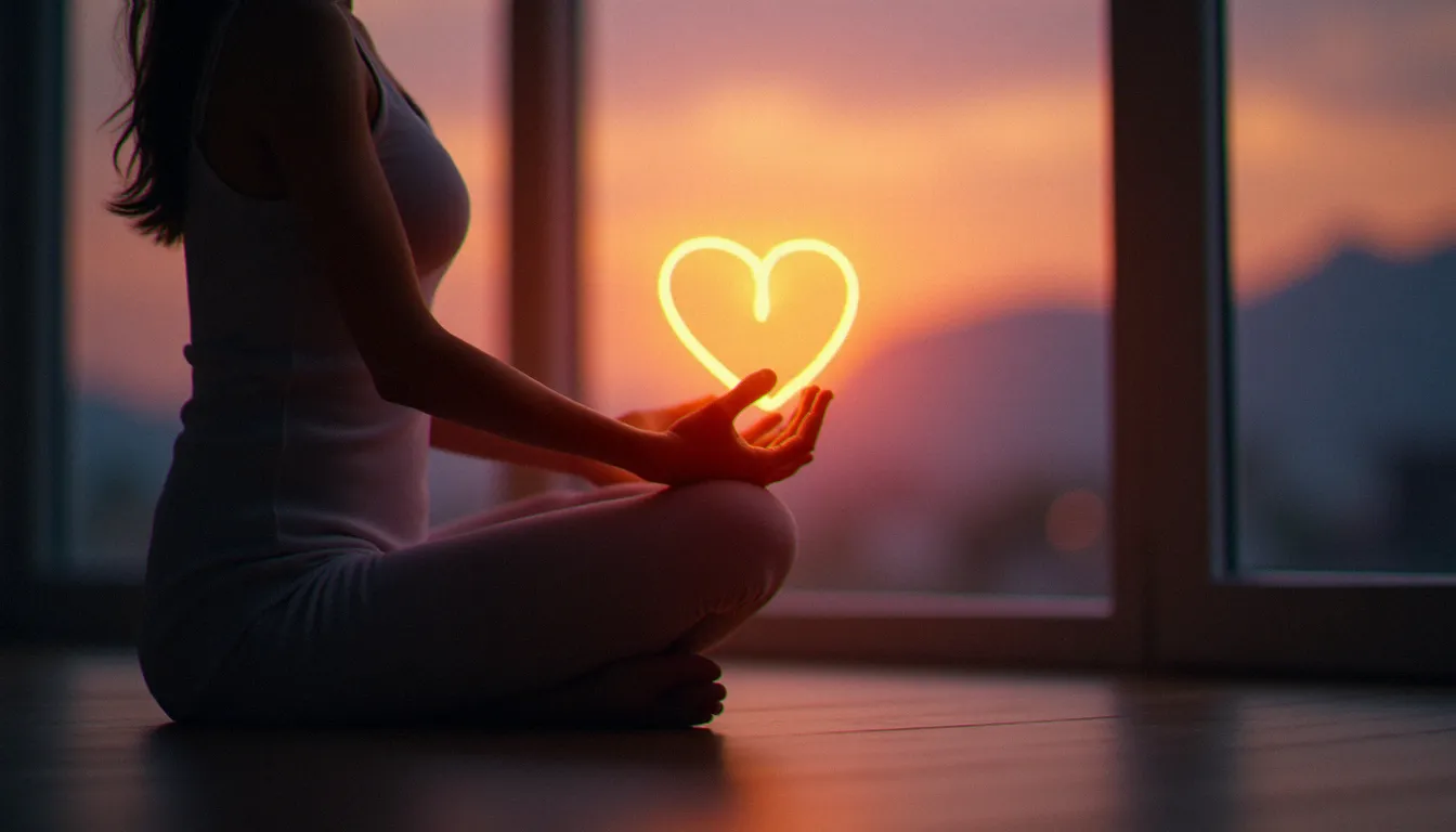 Femme en méditation sur un parquet en bois au coucher du soleil, les mains ouvertes laissant apparaître un symbole infini lumineux, atmosphère spirituelle apaisante illustrant le message des heures miroir 13h31