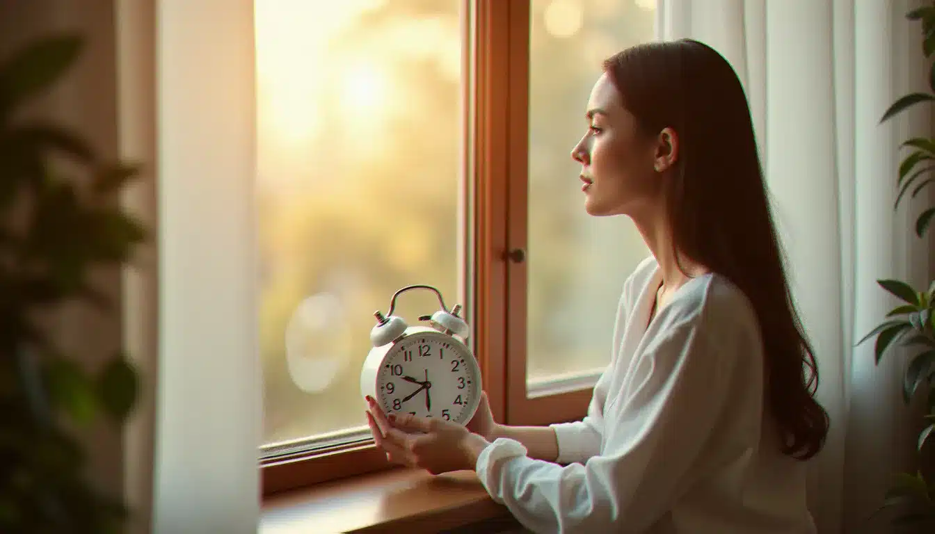 Femme tenant une horloge blanche face à une fenêtre lumineuse à 13h31, lumière dorée de l'après-midi, ambiance contemplative et spirituelle
