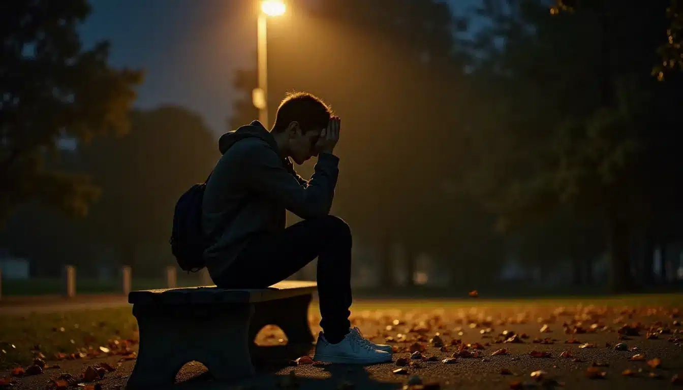 Homme assis seul sur un banc la nuit, tête dans les mains, épuisé émotionnellement, illustrant les symptômes vécus par le runner flamme jumelle pendant la phase de fuite