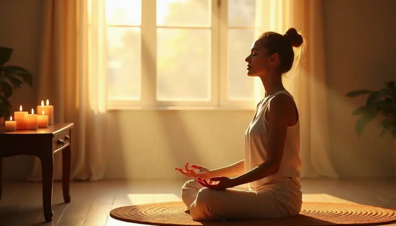 Femme en méditation dans une pièce lumineuse entourée de cristaux et bougies, illustrant les rituels de guérison pour accompagner la phase de fuite dans la dynamique flamme jumelle