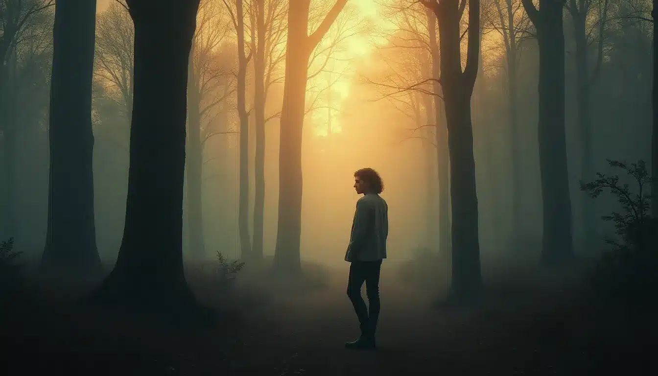 Personne seule à l'orée d'une forêt brumeuse au crépuscule, symbolisant la fuite et la souffrance intérieure du runner dans la dynamique de la maladie du runner flamme jumelle