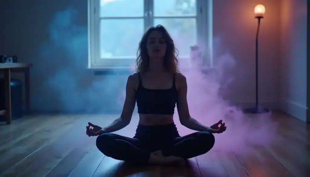 Femme en méditation entourée d'un halo lumineux bleu-violet représentant l'aura d'une personne en état de pleine conscience