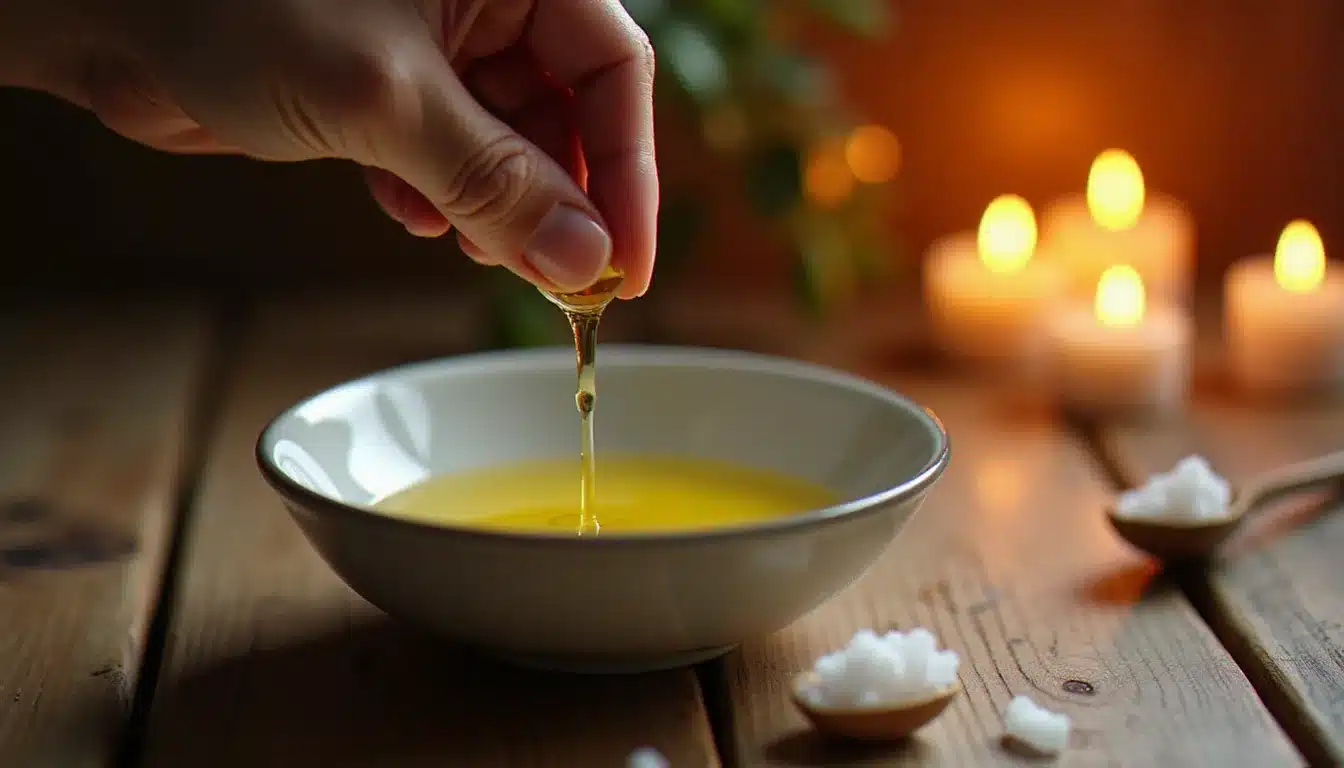 Mains versant de l'huile d'olive dans un bol d'eau, rituel traditionnel méditerranéen de détection du mauvais œil à la lueur d'une bougie