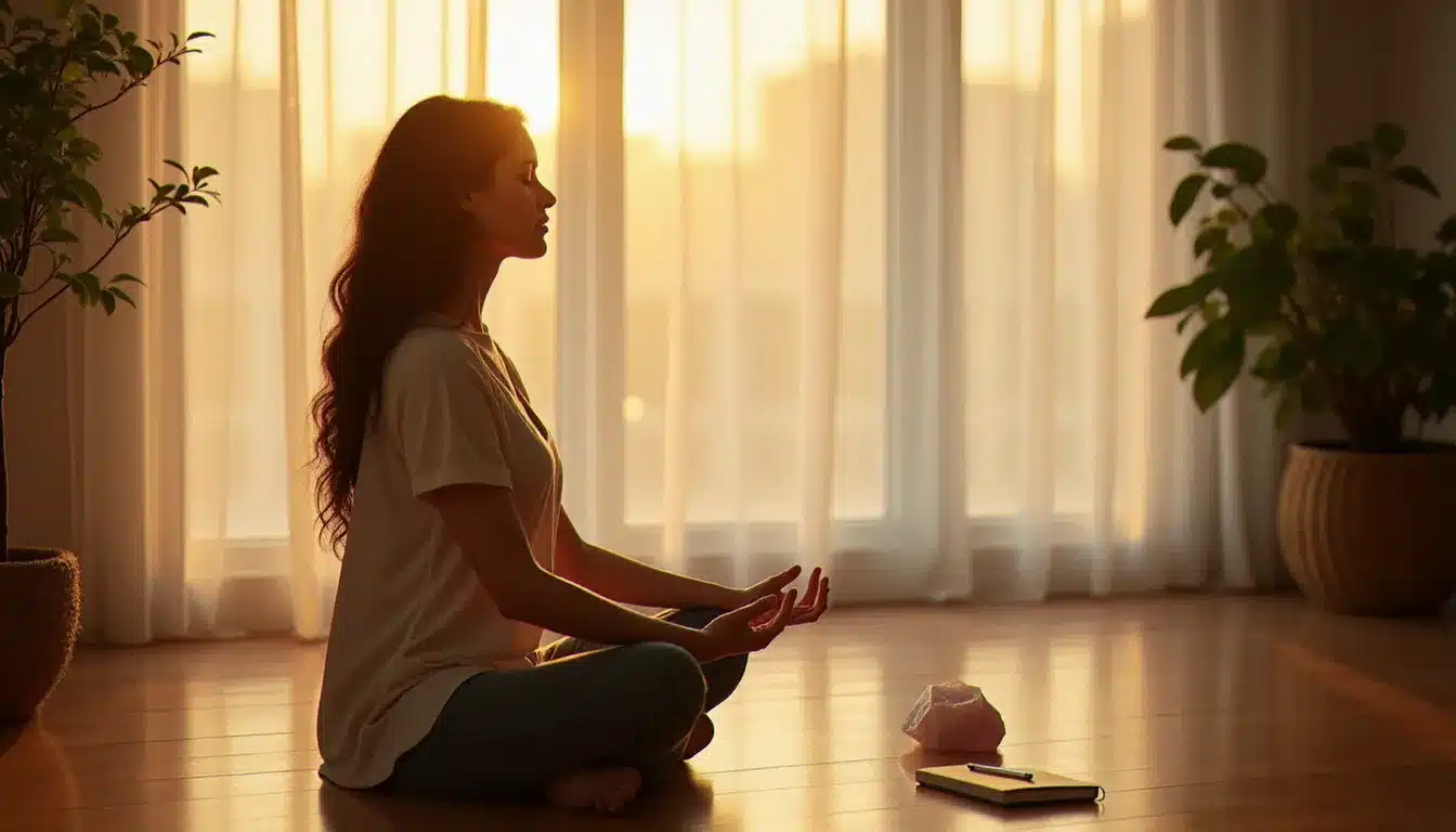 Femme en méditation dans la lumière dorée du matin, carnet ouvert à ses côtés, illustrant la réflexion intérieure au sujet du meaning of 555