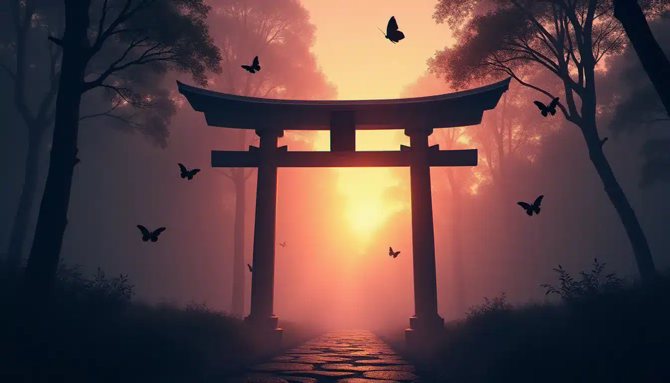 Torii japonais dans une forêt brumeuse au crépuscule avec des silhouettes de papillons noirs, évoquant les traditions culturelles associées au papillon noir