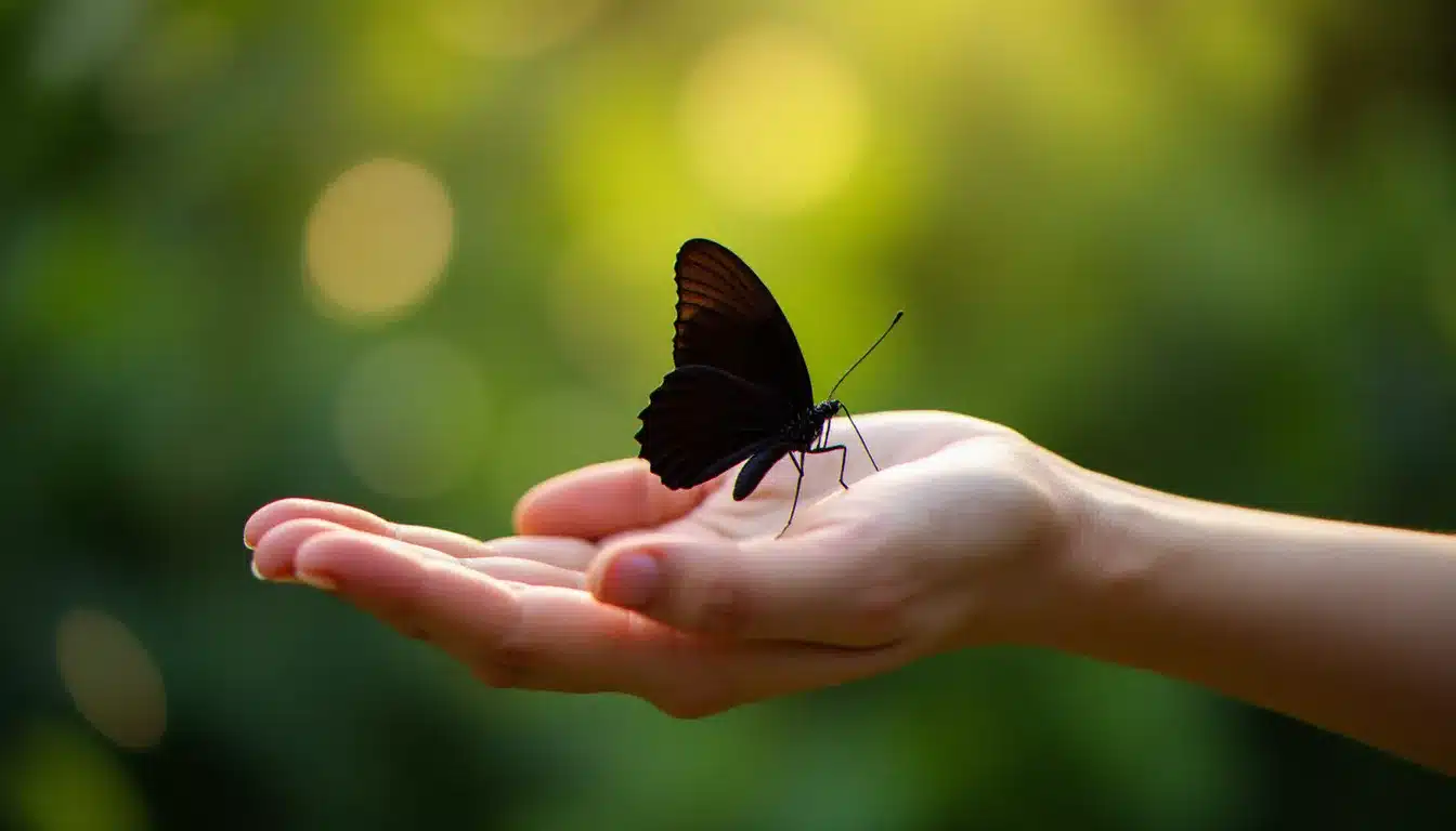 Paume d'une femme ouverte avec un papillon noir posé dessus dans un jardin naturel, symbolisant l'accueil du message spirituel du papillon noir en amour et transformation personnelle