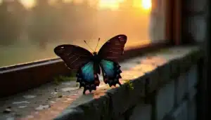 Un papillon noir aux ailes irisées posé sur un appui de fenêtre en pierre à l'aube, illustrant la signification spirituelle du papillon noir