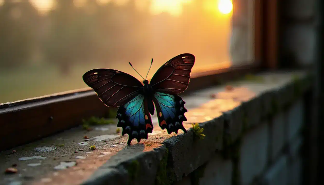 Un papillon noir aux ailes irisées posé sur un appui de fenêtre en pierre à l'aube, illustrant la signification spirituelle du papillon noir