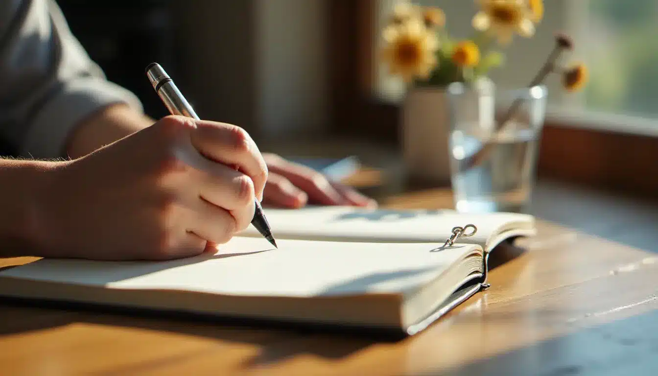 Carnet ouvert avec une main écrivant des notes d'auto-évaluation dans un environnement calme, illustrant le processus de journaling pour identifier une relation nocive