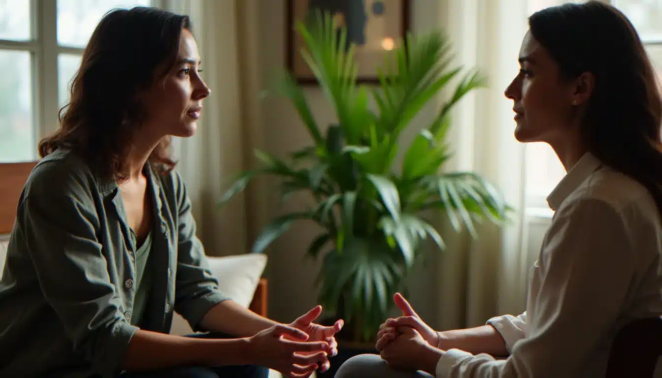 Séance de coaching thérapeutique entre une professionnelle et sa cliente dans un cabinet chaleureux, illustrant l'accompagnement pour sortir d'une relation toxique