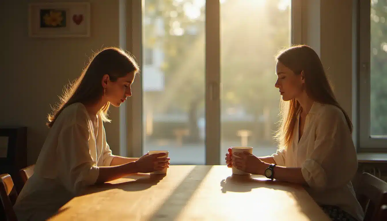 Femme pensive assise près d'une fenêtre lumineuse, réfléchissant à une relation toxique, tenant une tasse de thé dans une pièce calme et minimaliste