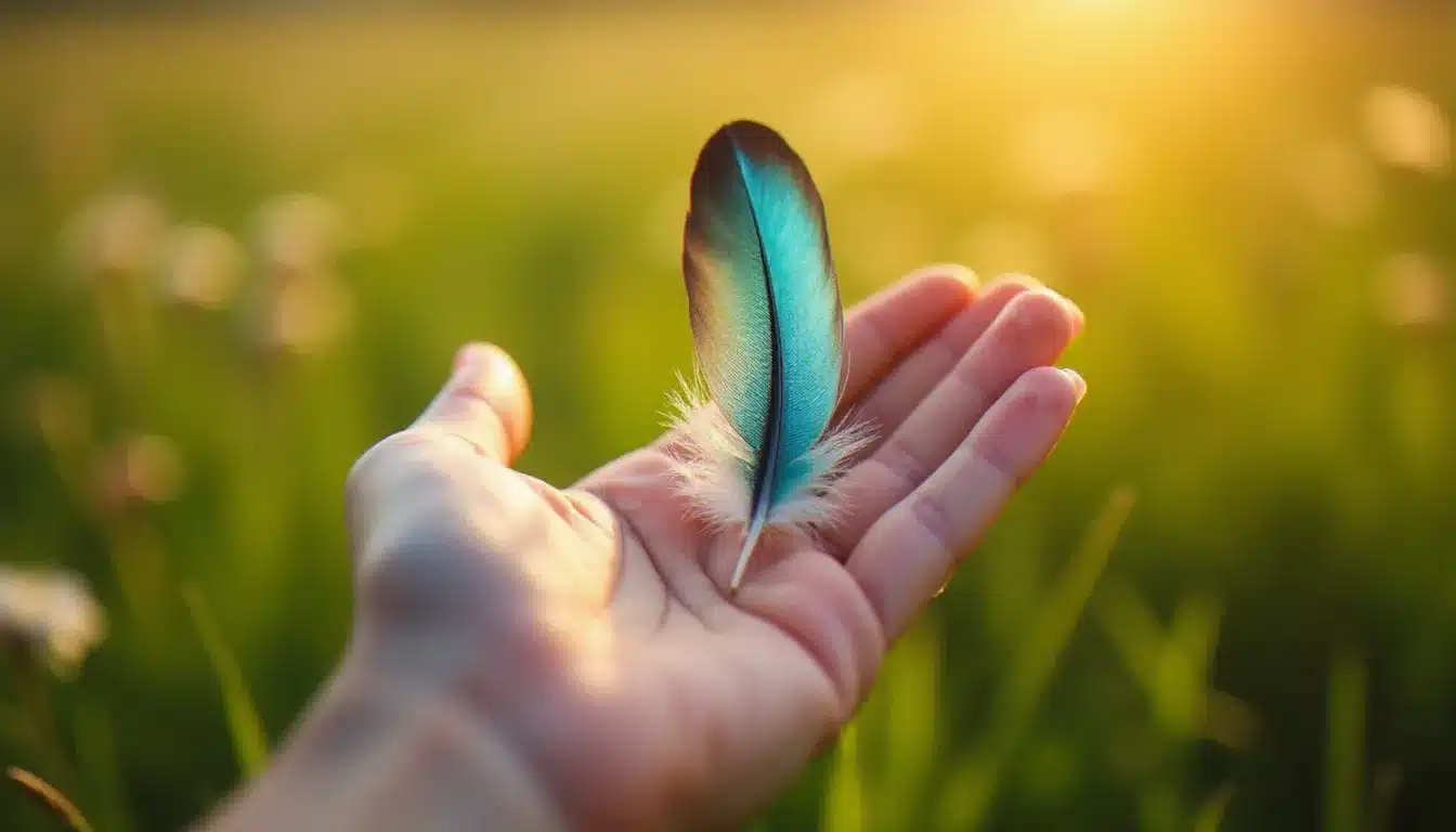 Main ouverte tenant une plume bleue irrisée dans une prairie ensoleillée, symbolisant la réception d'un signe spirituel en pleine nature