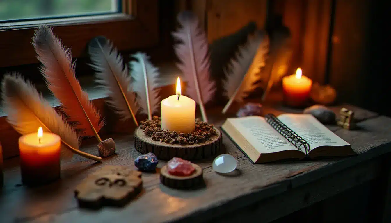 Autel en bois rustique avec des plumes colorées disposées autour d'une bougie allumée, pierres et herbes séchées, illustrant une pratique spirituelle quotidienne intégrant les plumes