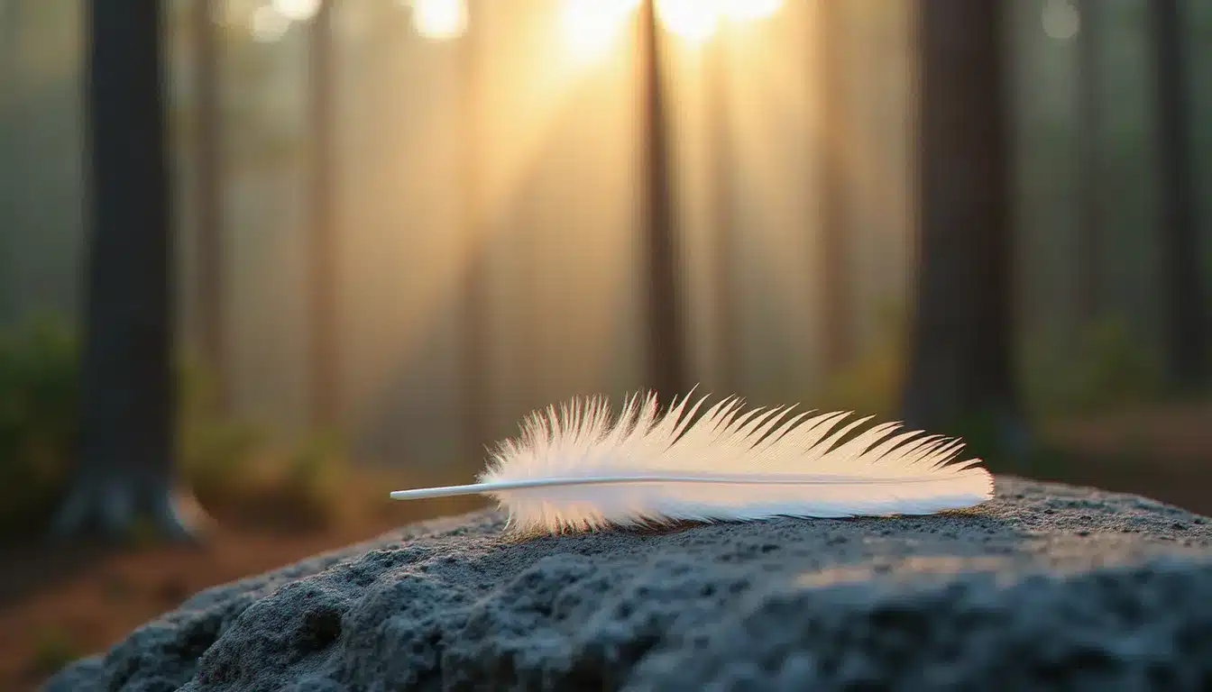 Plume blanche posée sur une pierre en forêt brumeuse à l'aube, illustrant la plume signification spirituelle et son lien avec la nature sacrée