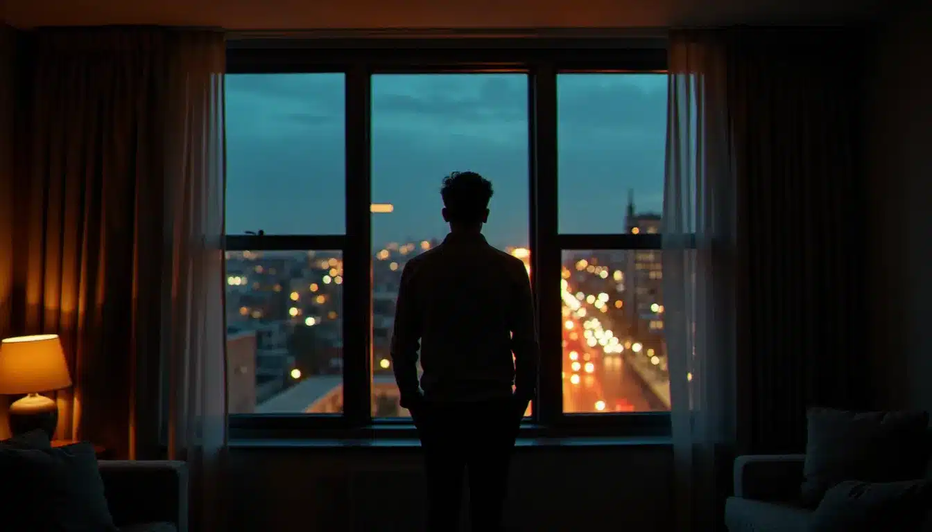 Homme debout face à une fenêtre au crépuscule regardant les lumières de la ville, symbolisant la solitude et la réflexion intérieure du runner pendant la séparation