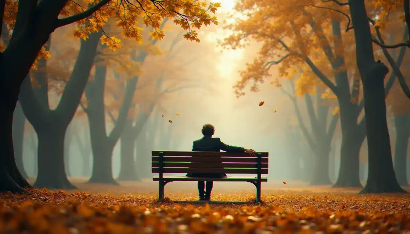 Personne assise seule sur un banc dans un parc brumeux en automne, illustrant l'attente et la question du retour du runner dans une connexion profonde