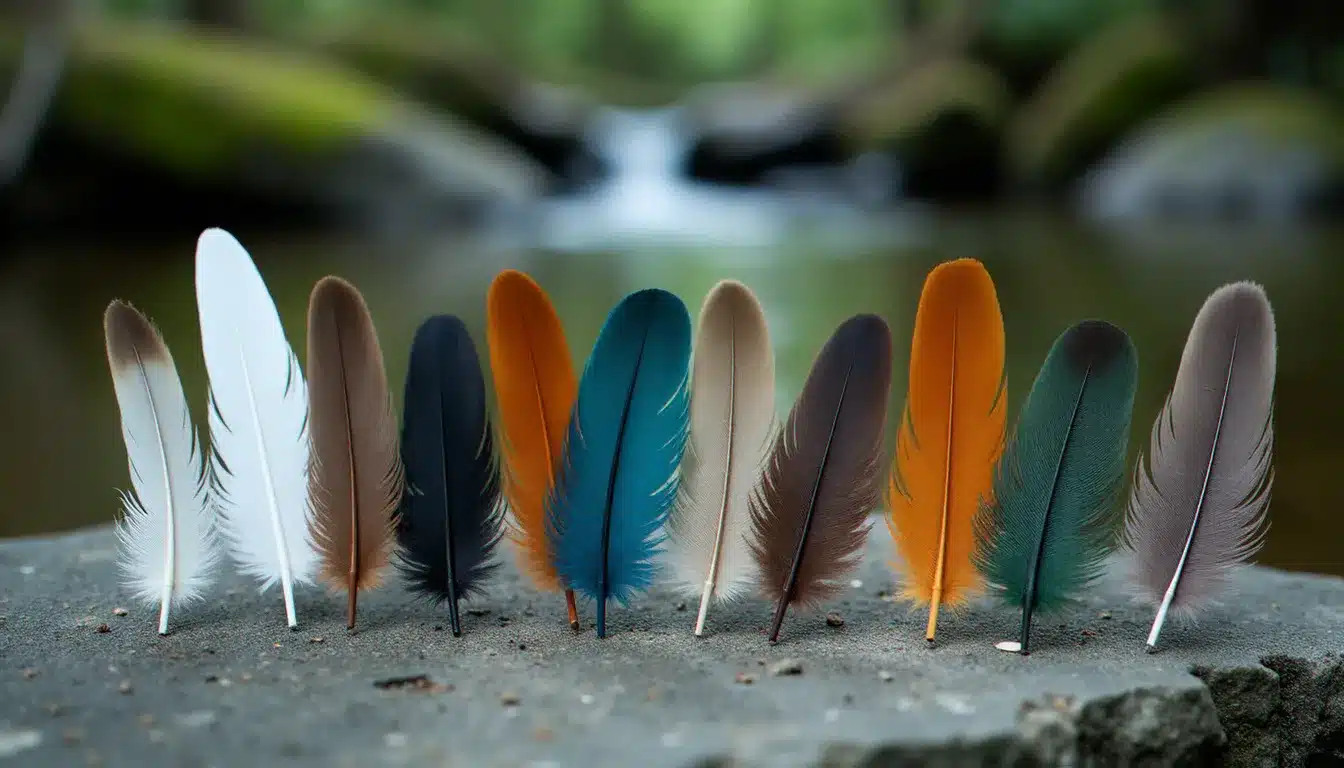 Collection de plumes de différentes couleurs posées sur une pierre grise près d'un ruisseau en forêt, illustrant la diversité des significations spirituelles selon la couleur