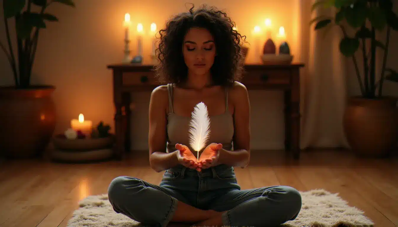 Femme en méditation tenant une plume blanche dans ses paumes ouvertes, espace de méditation éclairé à la bougie, rituel d'accueil d'un message spirituel