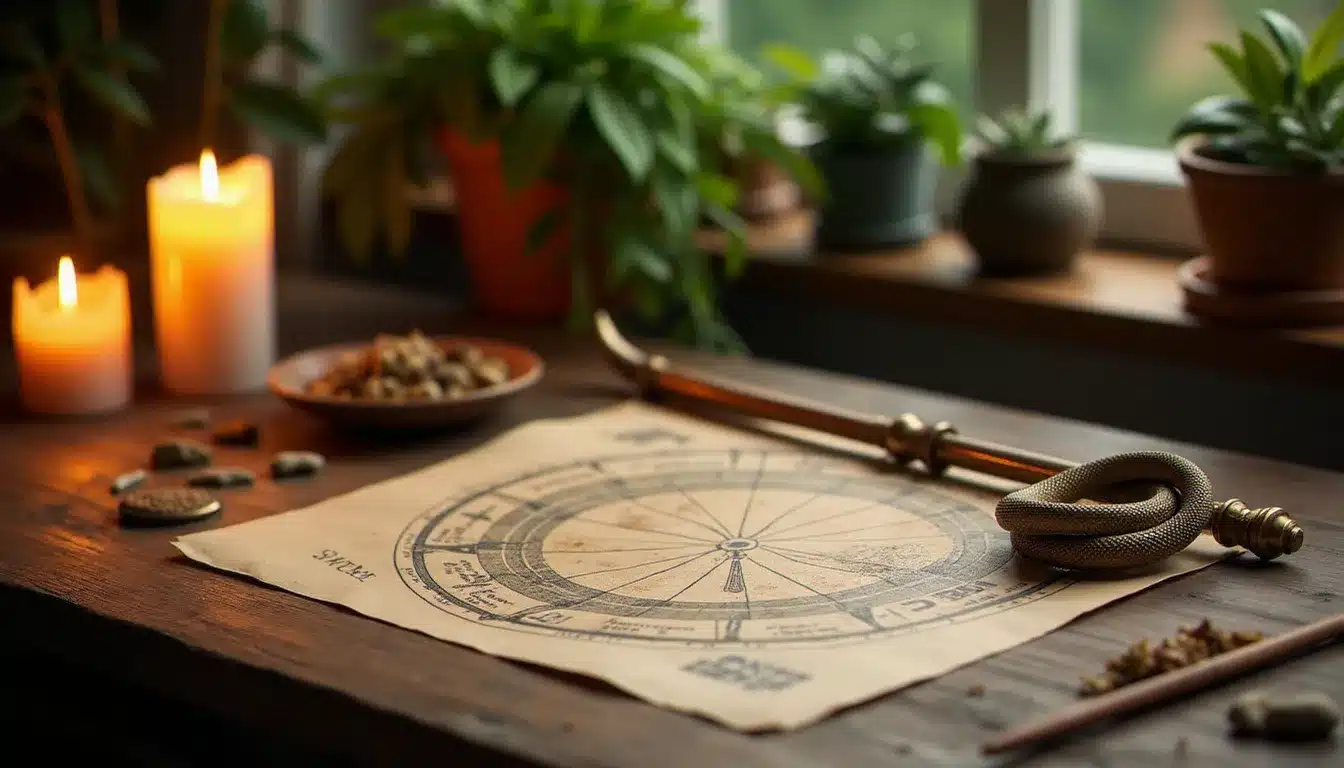 Espace de guérison avec un thème natal astrologique ouvert et un bâton d'Asclépios symbolisant le signe serpentaire et la vocation thérapeutique du Porteur de Serpent