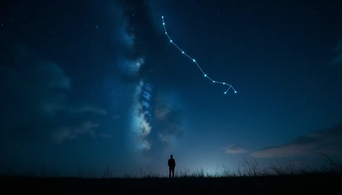 La constellation du signe serpentaire Ophiuchus dans un ciel nocturne étoilé, représentant le Porteur de Serpent du treizième signe du zodiaque