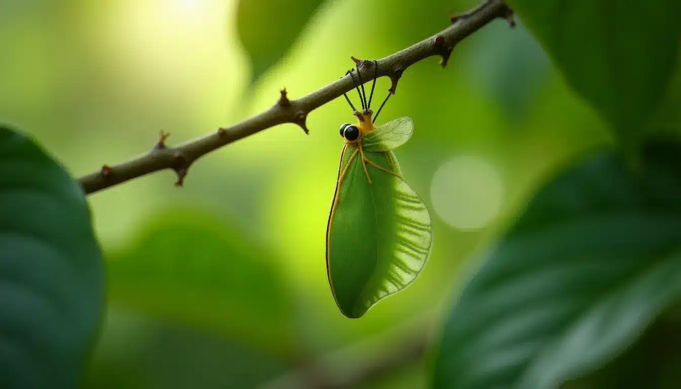 Une chrysalide translucide suspendue à une branche avec un papillon en train d'émerger, symbolisant les quatre étapes de la transformation et la métamorphose intérieure