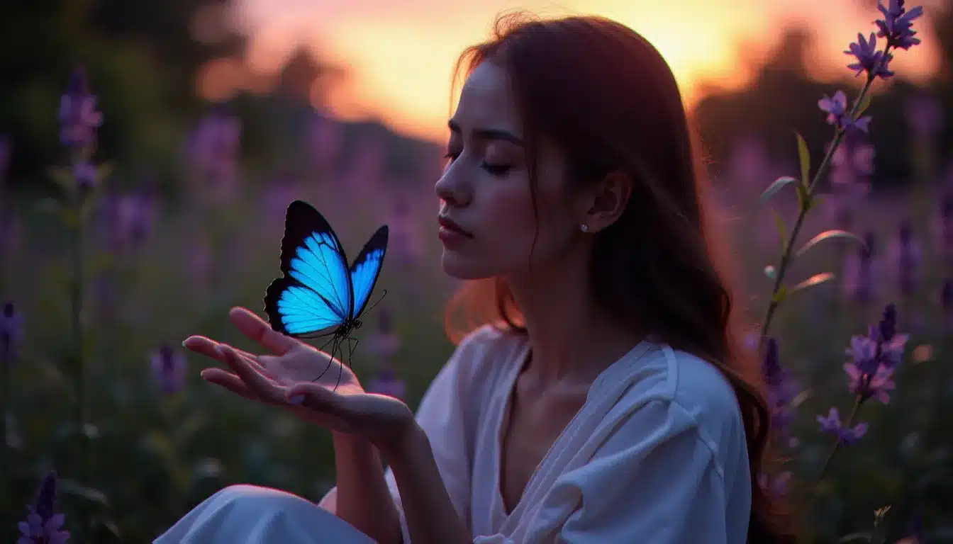 Une femme paisible en méditation dans un jardin au crépuscule avec un papillon bleu posé sur sa main, évoquant la signification spirituelle du papillon et sa connexion à l'âme