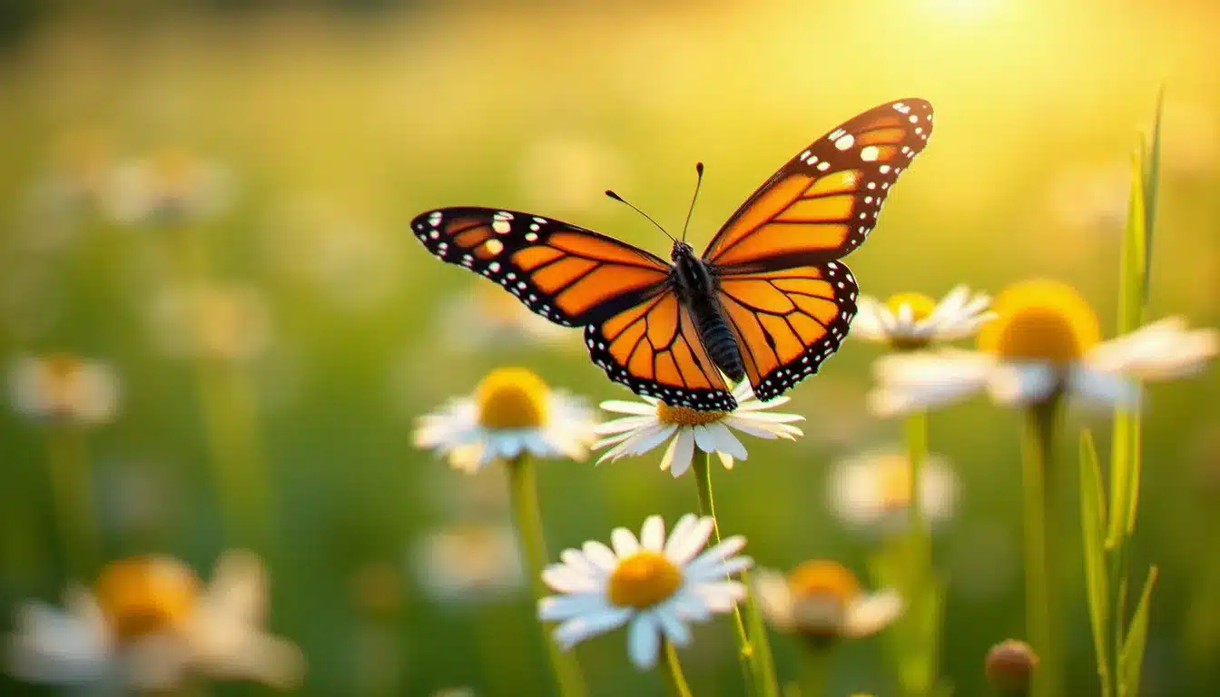 Un papillon monarque aux ailes orangées posé sur une fleur blanche dans une prairie ensoleillée, illustrant la signification du papillon comme symbole de transformation et de renaissance