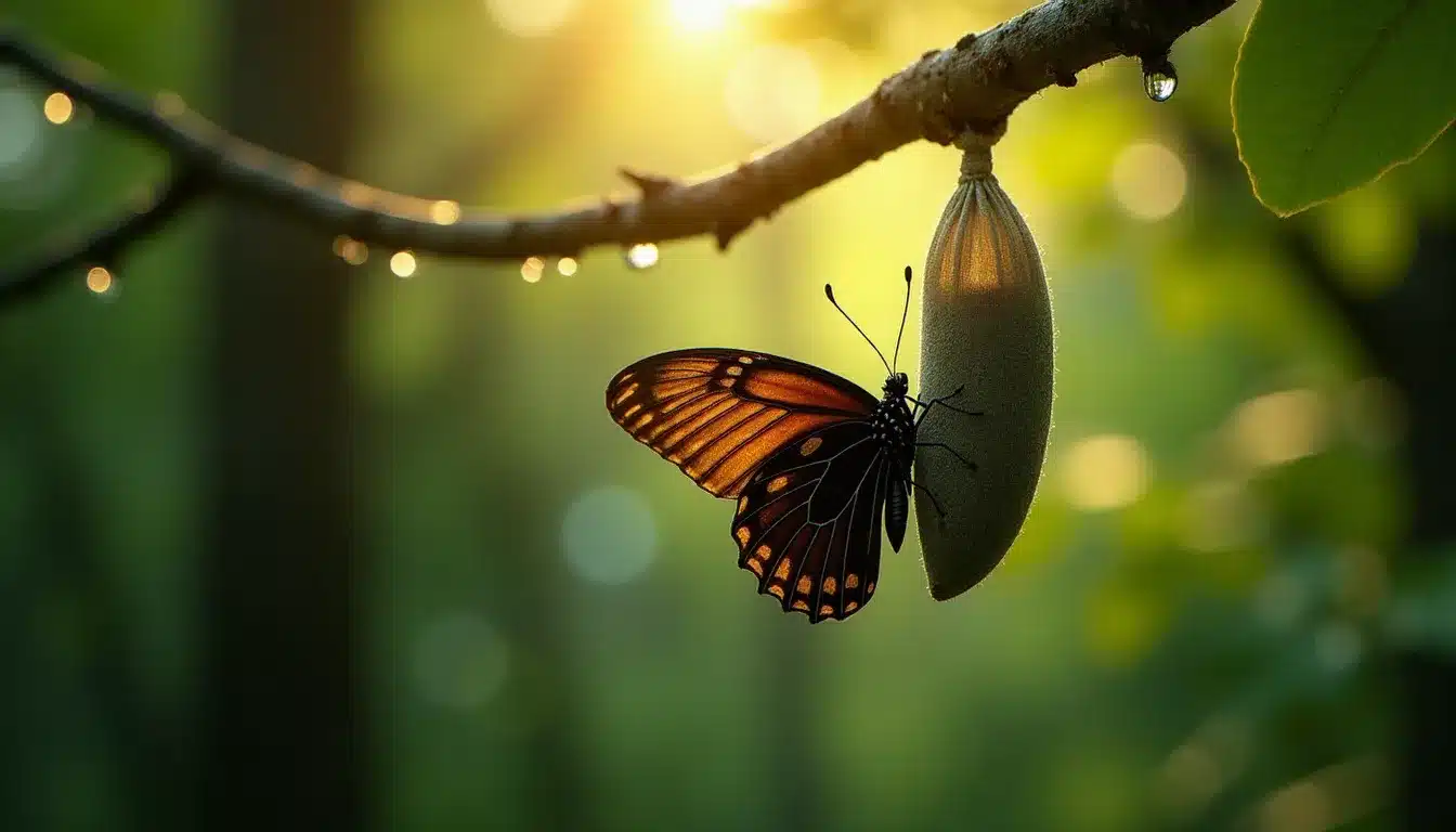 Un papillon sombre sortant de sa chrysalide au lever du jour en forêt, symbolisant la métamorphose et la transformation associées au papillon noir