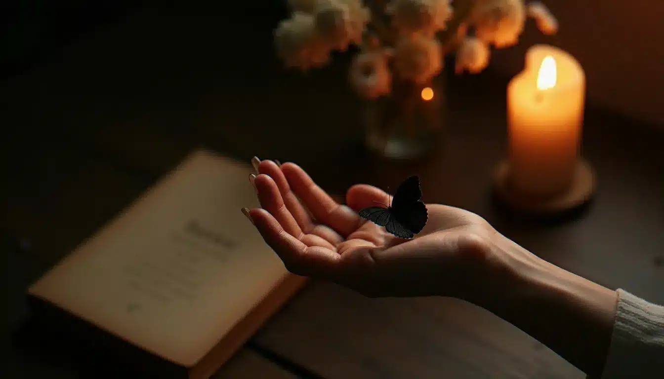 Une femme tenant délicatement un papillon noir dans la lumière d'une bougie, évoquant l'interprétation spirituelle du papillon noir dans les rêves et rituels
