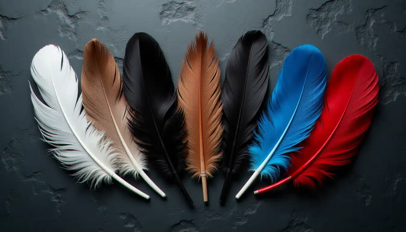 Cinq plumes de couleurs différentes — blanche, noire, brune, bleue et rouge — disposées en éventail sur une surface de pierre, illustrant les significations symboliques selon la couleur
